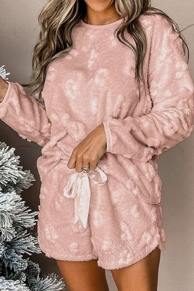 Round Neck Long Sleeve Top and Shorts Lounge Set Blush Pink for a perfect OOTD – dress to impress outfits from Amexza