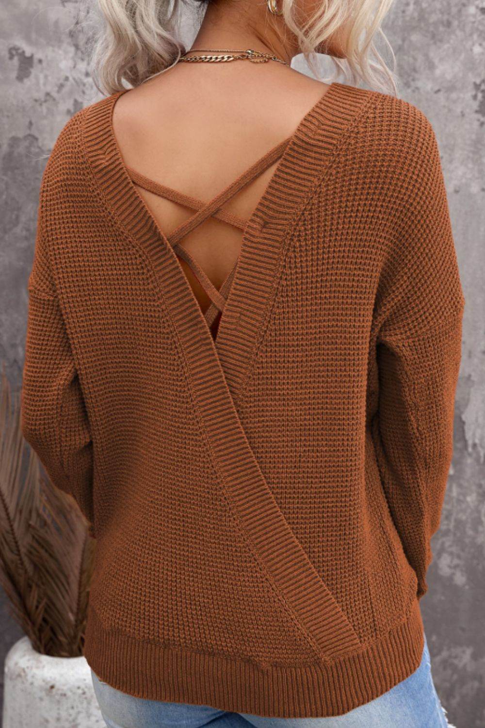 Crisscross Back Boat Neck Sweater Brown for a perfect OOTD – dress to impress outfits from Amexza