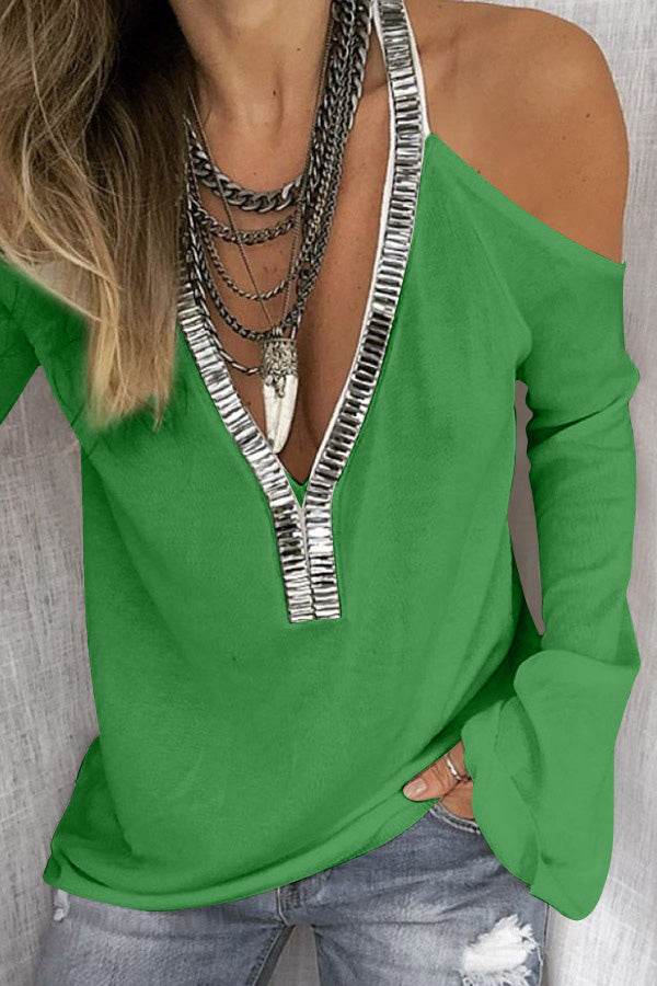 Sequin V-Neck Cold Shoulder Top Green for a perfect OOTD – dress to impress outfits from Amexza