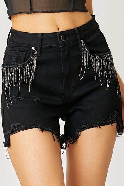 RISEN Frayed Hem Denim Shorts with Fringe Detail Pockets for a perfect OOTD – dress to impress outfits from Amexza