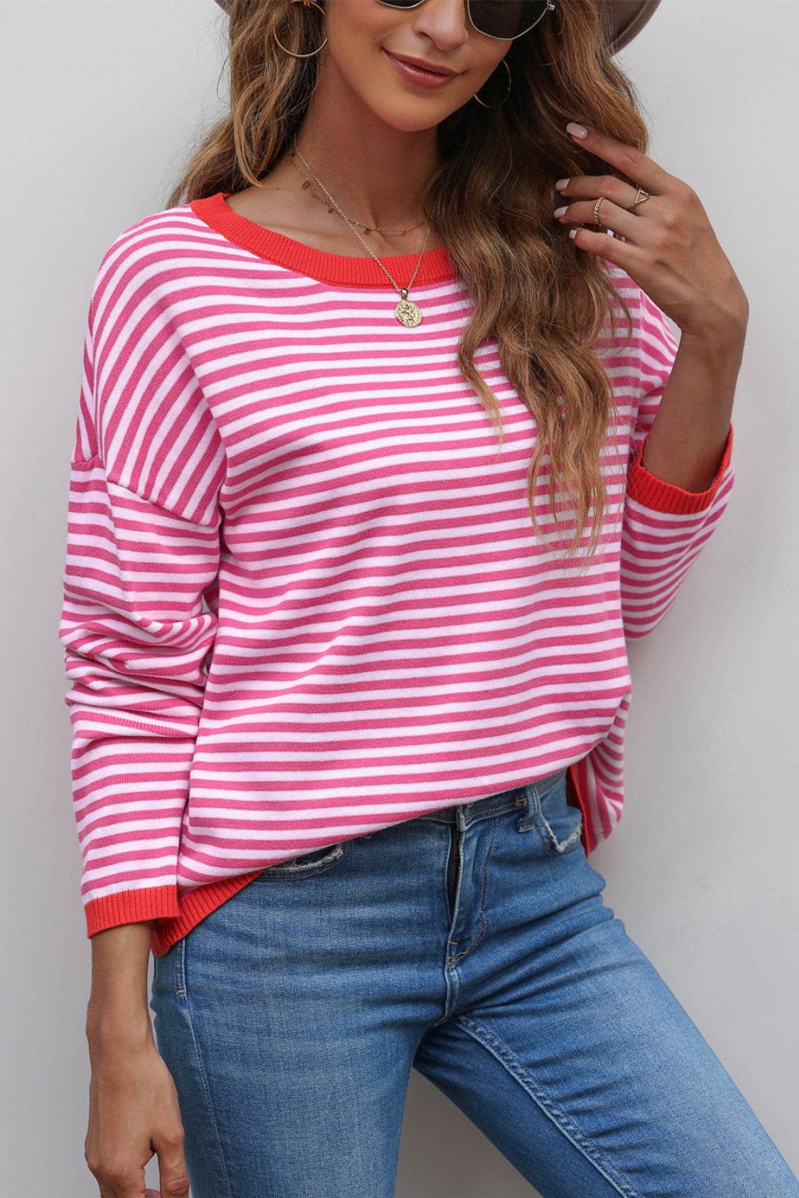 Striped Round Neck Drop Shoulder T-Shirt for a perfect OOTD – dress to impress outfits from Amexza