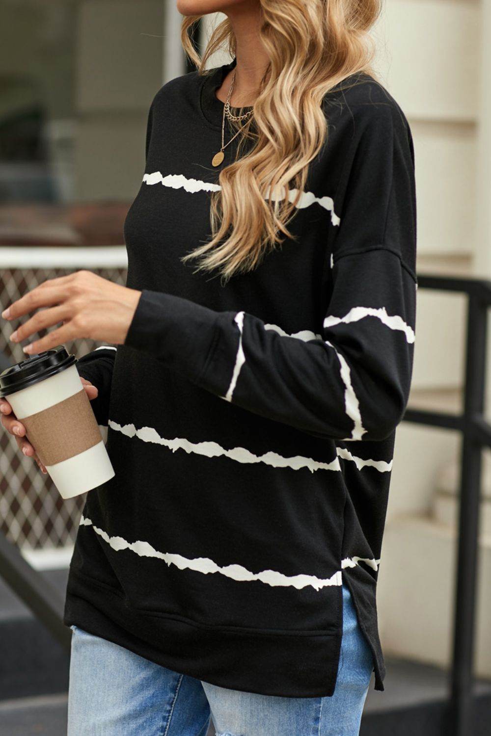 Slit Contrast Striped Round Neck Long Sleeve T-Shirt - Amexza