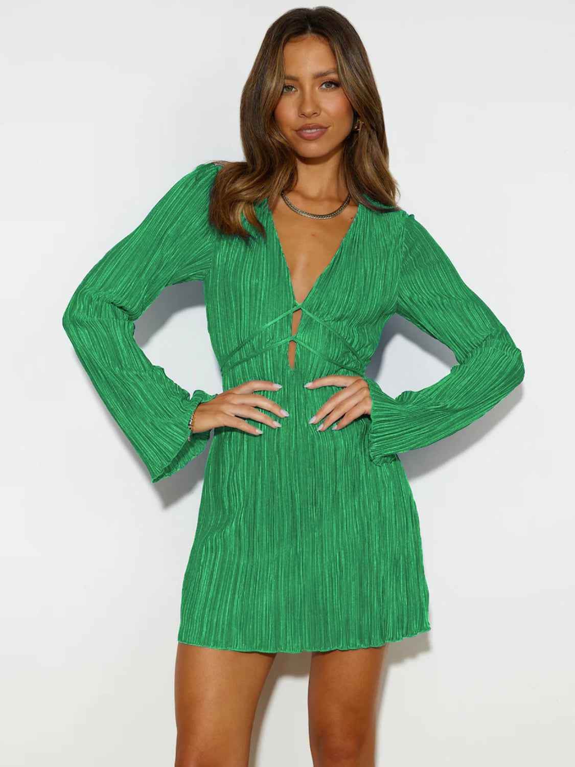 Tied Plunge Flare Sleeve Mini Dress Green for a perfect OOTD – dress to impress outfits from Amexza