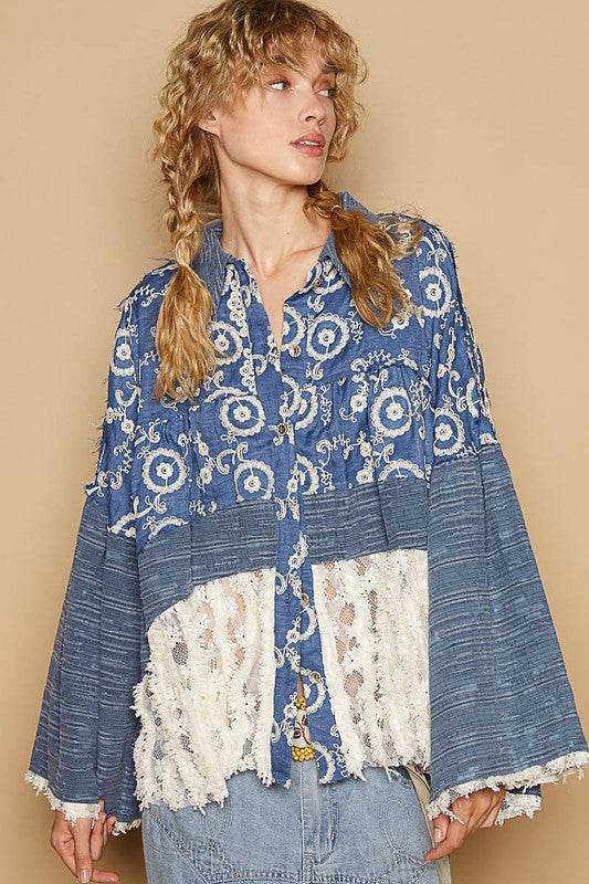 POL Lace Hem Embroidered Long Sleeve Shirt for a perfect OOTD – dress to impress outfits from Amexza