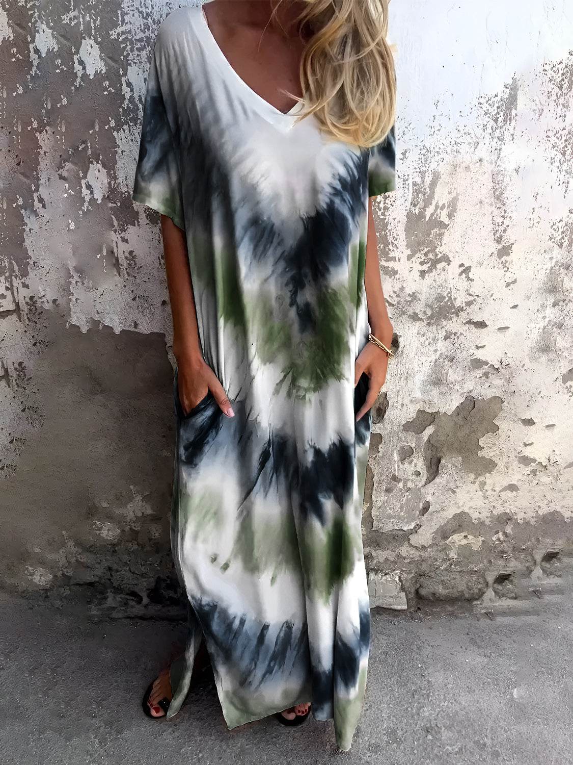 Full Size Pocketed Tie-Dye Short Sleeve Dress - Amexza