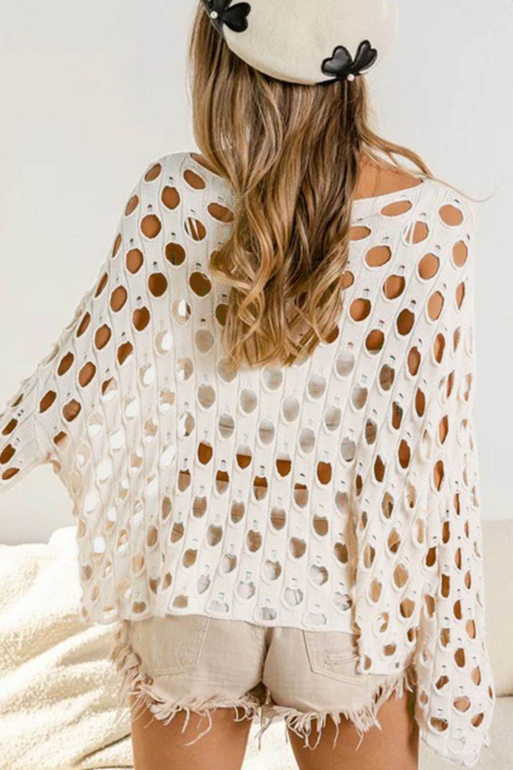 Cutout Round Neck Dropped Shoulder Knit Cover Up - Amexza