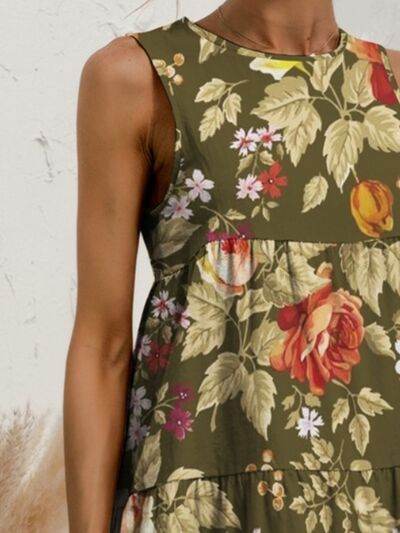 FAM-FAM Tiered Printed Round Neck Sleeveless Dress for a perfect OOTD – dress to impress outfits from Amexza