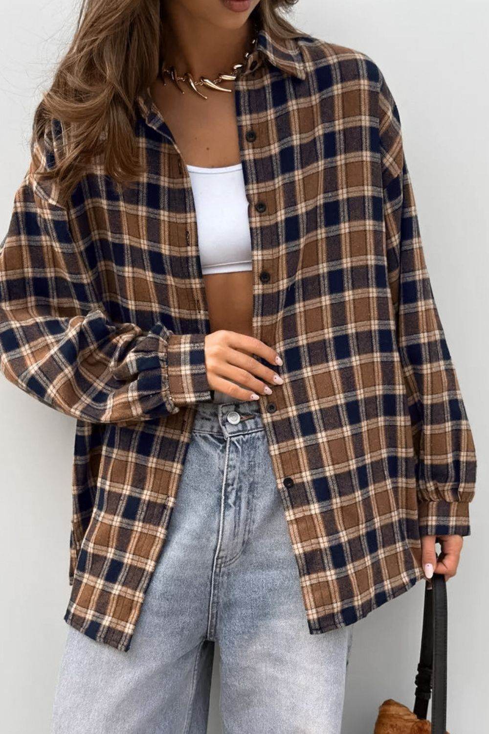 Plaid Button Up Drop Shoulder Shacket Brown for a perfect OOTD – dress to impress outfits from Amexza