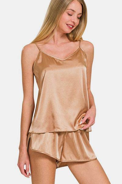 Zenana V-Neck Satin Cami and Elastic Waist Shorts Lounge Set for a perfect OOTD – dress to impress outfits from Amexza