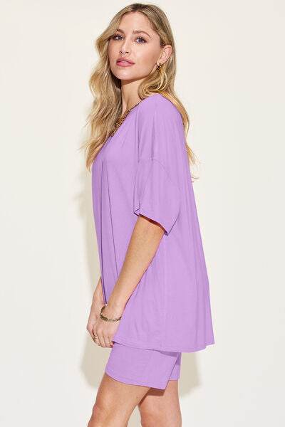 Basic Bae Bamboo Full Size V-Neck Drop Shoulder T-Shirt and Shorts Set for a perfect OOTD – dress to impress outfits from Amexza