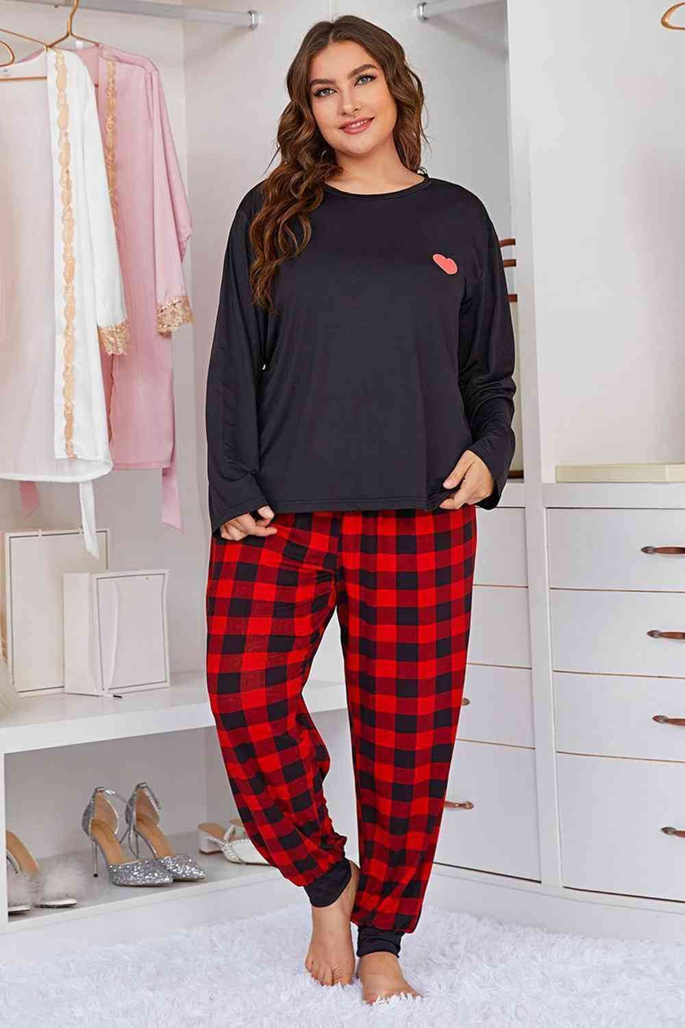 Plus Size Heart Graphic Top and Plaid Joggers Lounge Set Black for a perfect OOTD – dress to impress outfits from Amexza