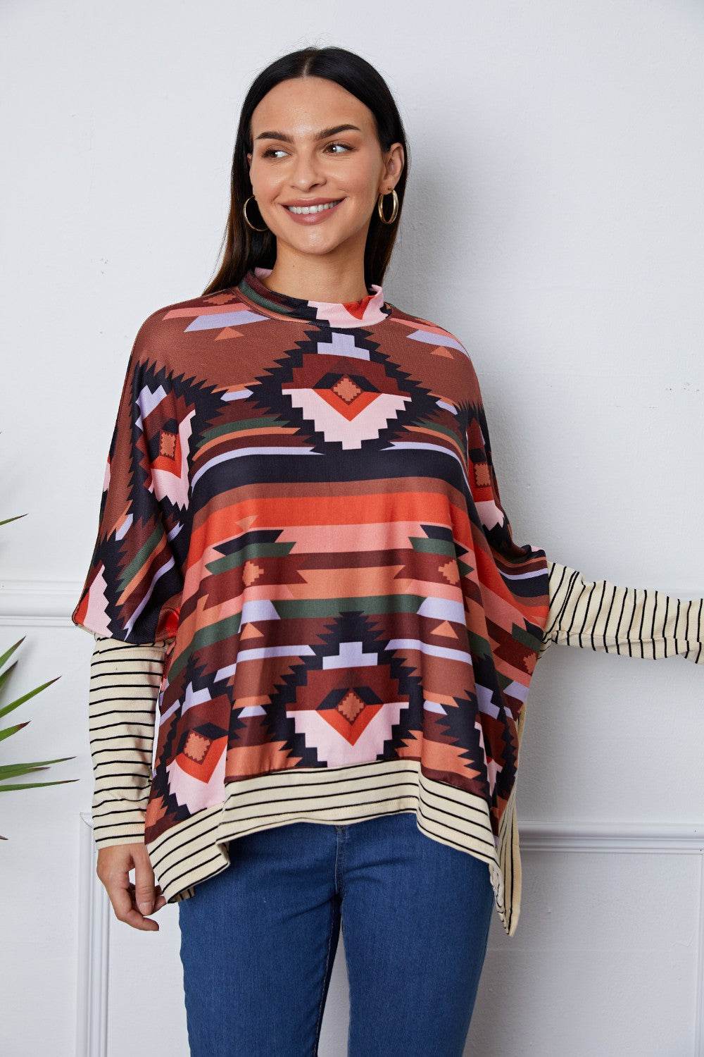 Geometric Striped Splicing Round Neck Blouse Multicolor for a perfect OOTD – dress to impress outfits from Amexza