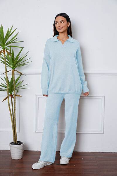 Dropped Shoulder Sweater and Long Pants Set Misty Blue One Size for a perfect OOTD – dress to impress outfits from Amexza