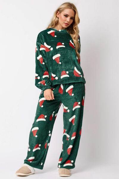 Christmas Hat Pattern Round Neck Long Sleeve Top and Pants Set for a perfect OOTD – dress to impress outfits from Amexza