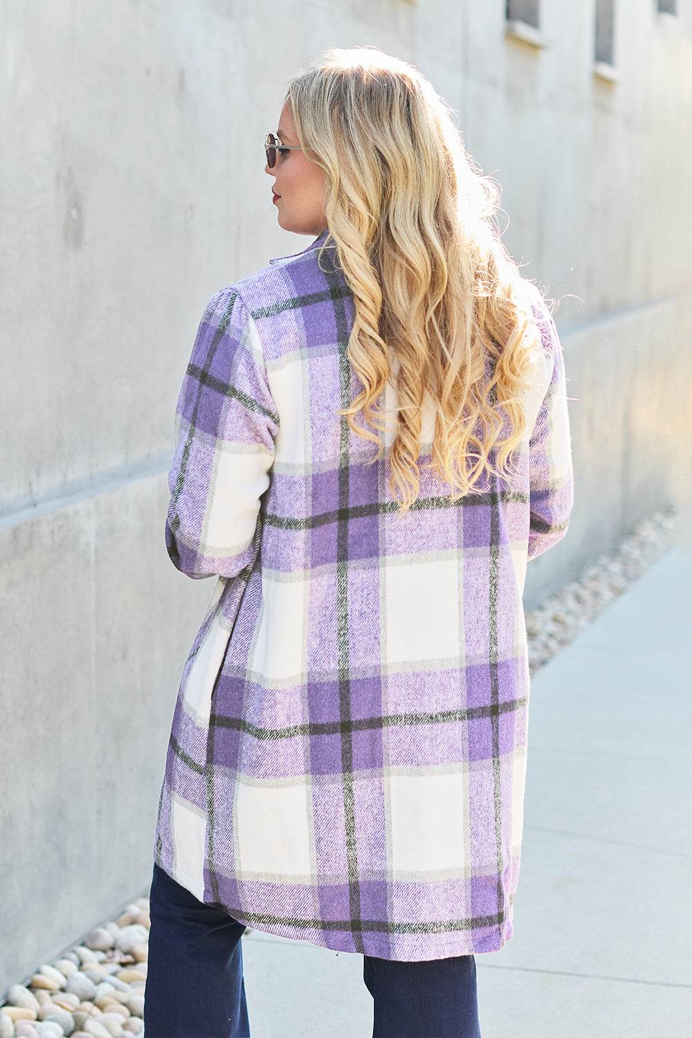 Double Take Full Size Plaid Button Up Lapel Collar Coat - Amexza