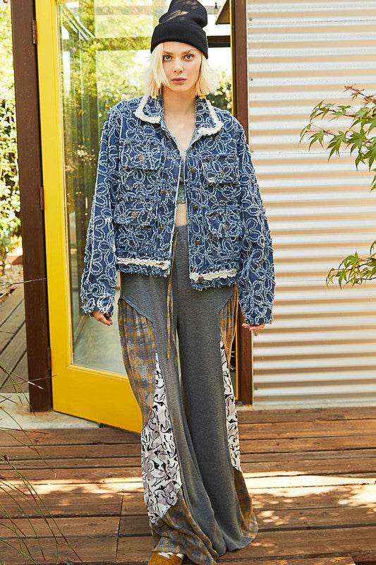 POL Flower Textured Raw Hem Long Sleeve Denim Jacket for a perfect OOTD – dress to impress outfits from Amexza