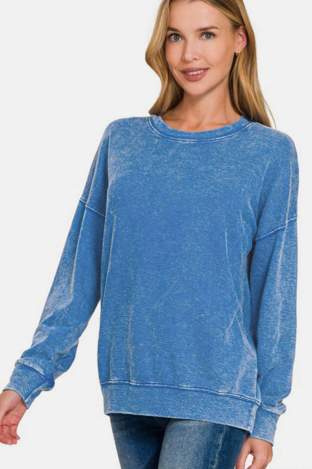 Zenana Washed Round Neck Dropped Shoulder Sweatshirt - Amexza