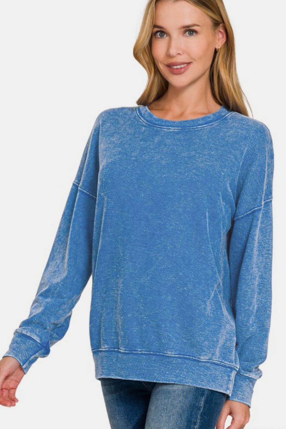 Zenana Washed Round Neck Dropped Shoulder Sweatshirt Blue for a perfect OOTD – dress to impress outfits from Amexza