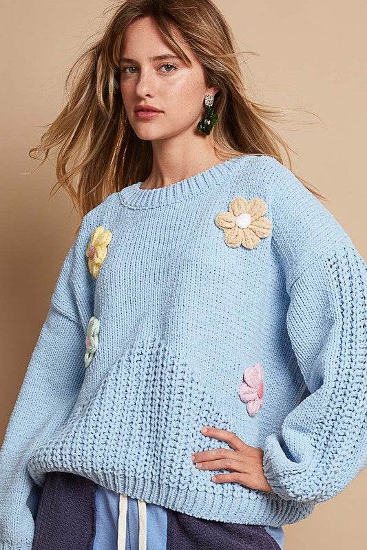 POL Crochet Flower Round Neck Dropped Shoulder Sweater - Amexza