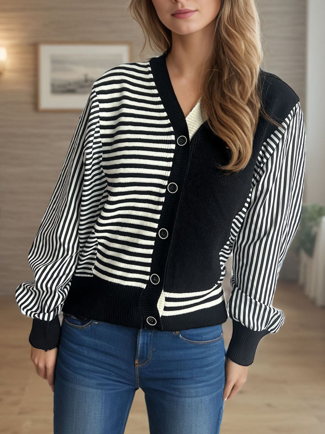 Striped Button Down Long Sleeve Cardigan Black One Size for a perfect OOTD – dress to impress outfits from Amexza