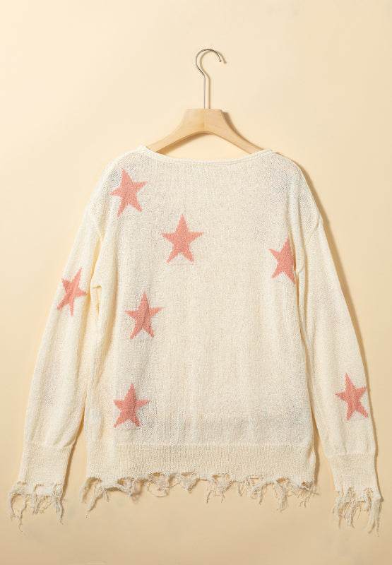 Contrast Star Raw Hem Long Sleeve Knit Top - Amexza