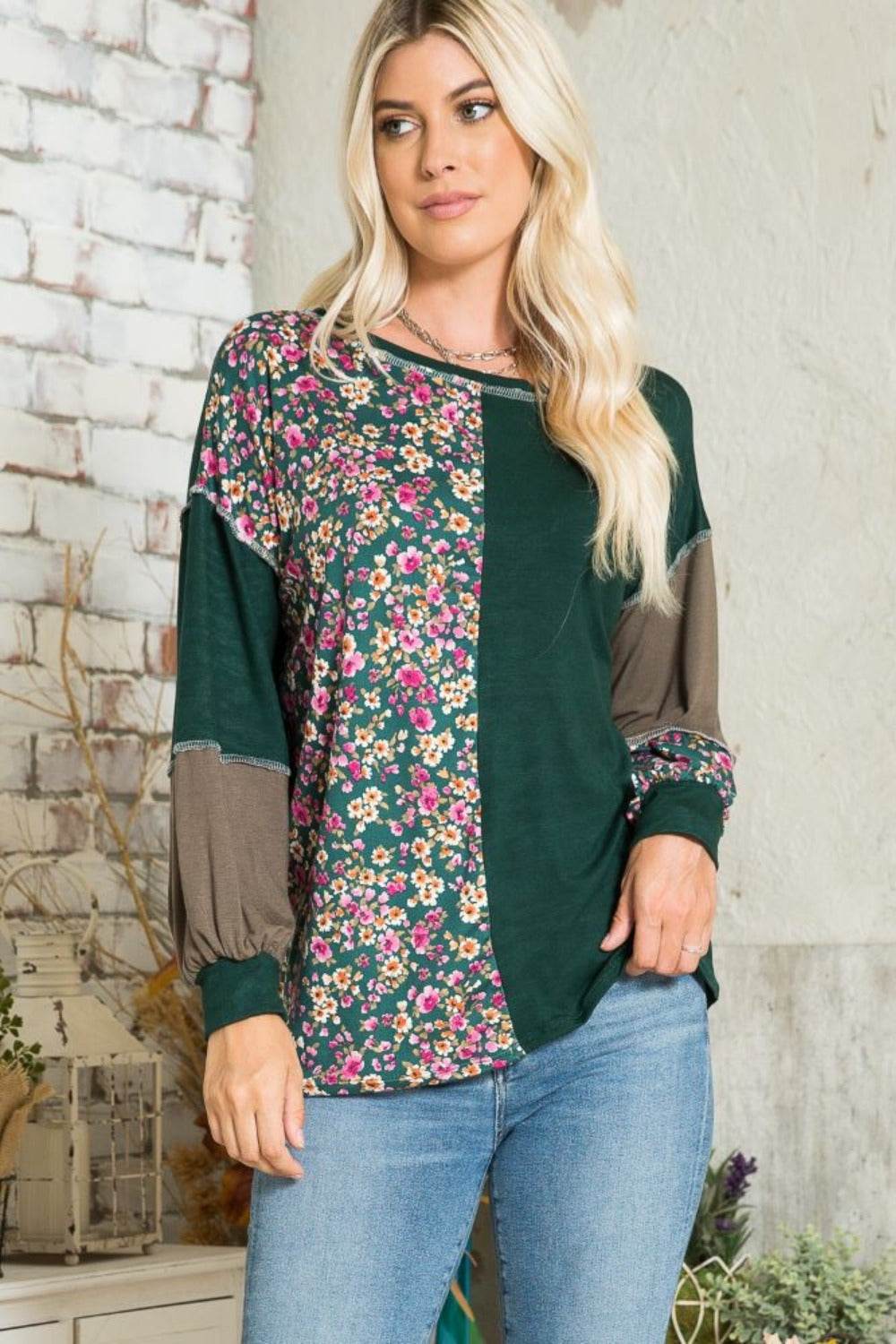 Celeste Full Size Floral Color Block Exposed Seam T-Shirt for a perfect OOTD – dress to impress outfits from Amexza