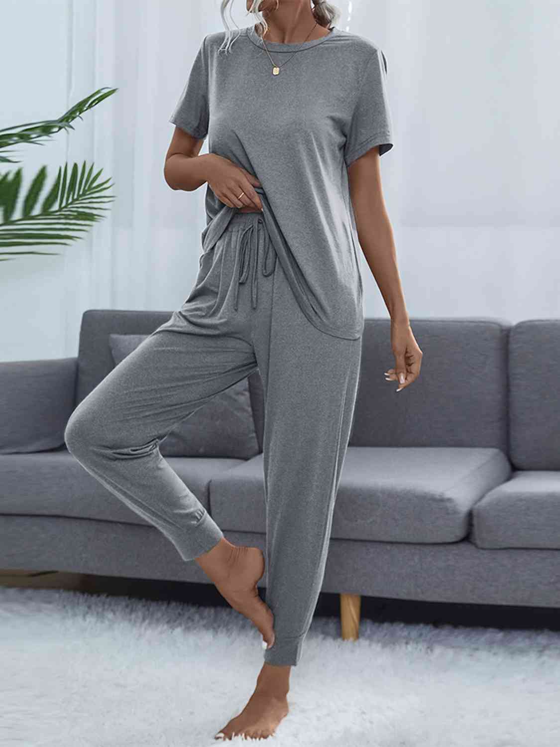 Shiny Round Neck Short Sleeve Top and Pants Set Cloudy Blue for a perfect OOTD – dress to impress outfits from Amexza