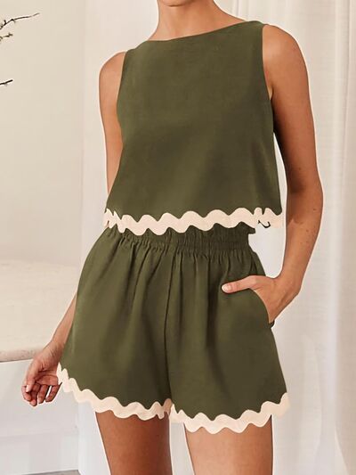 Contrast Trim Sleeveless Top and Shorts Set Matcha Green for a perfect OOTD – dress to impress outfits from Amexza