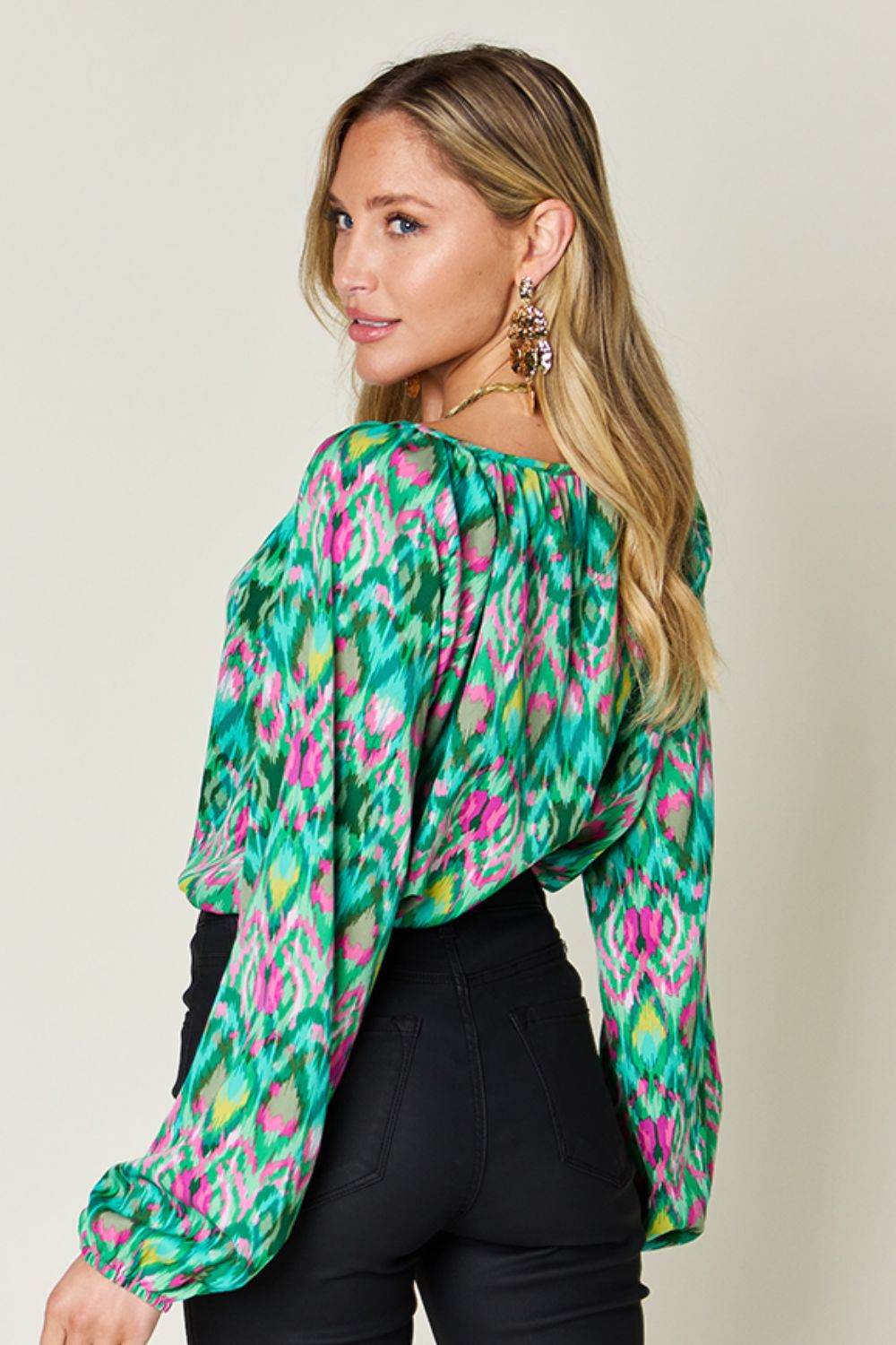 Double Take Full Size Printed Balloon Sleeve Blouse for a perfect OOTD – dress to impress outfits from Amexza