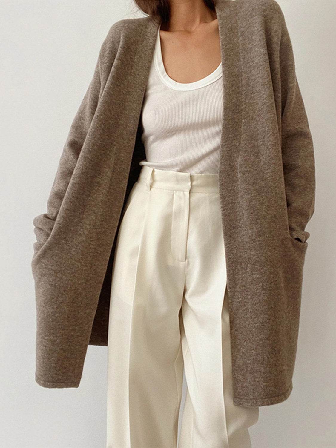 Open Front Long Sleeve Cardigan with Pockets Taupe for a perfect OOTD – dress to impress outfits from Amexza