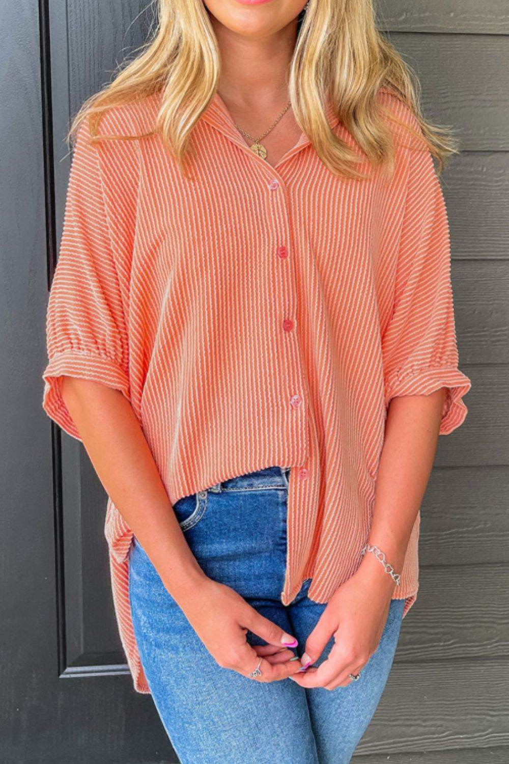 Corded Half Sleeve Button Up High Low Shirt Orange for a perfect OOTD – dress to impress outfits from Amexza