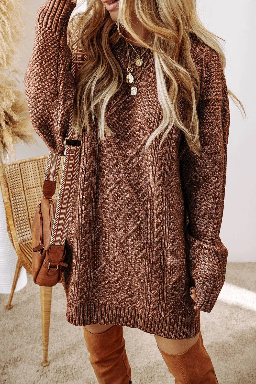 Cable-Knit Round Neck Sweater Dress - Amexza