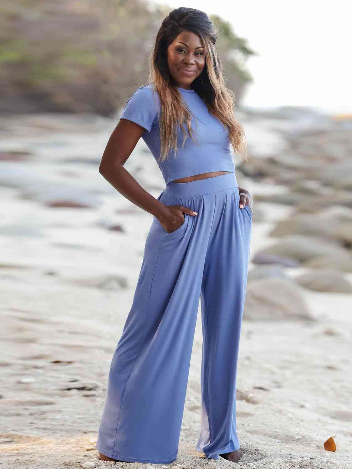 Short Sleeve T-Shirt and Wide Leg Pants Set Light Blue for a perfect OOTD – dress to impress outfits from Amexza