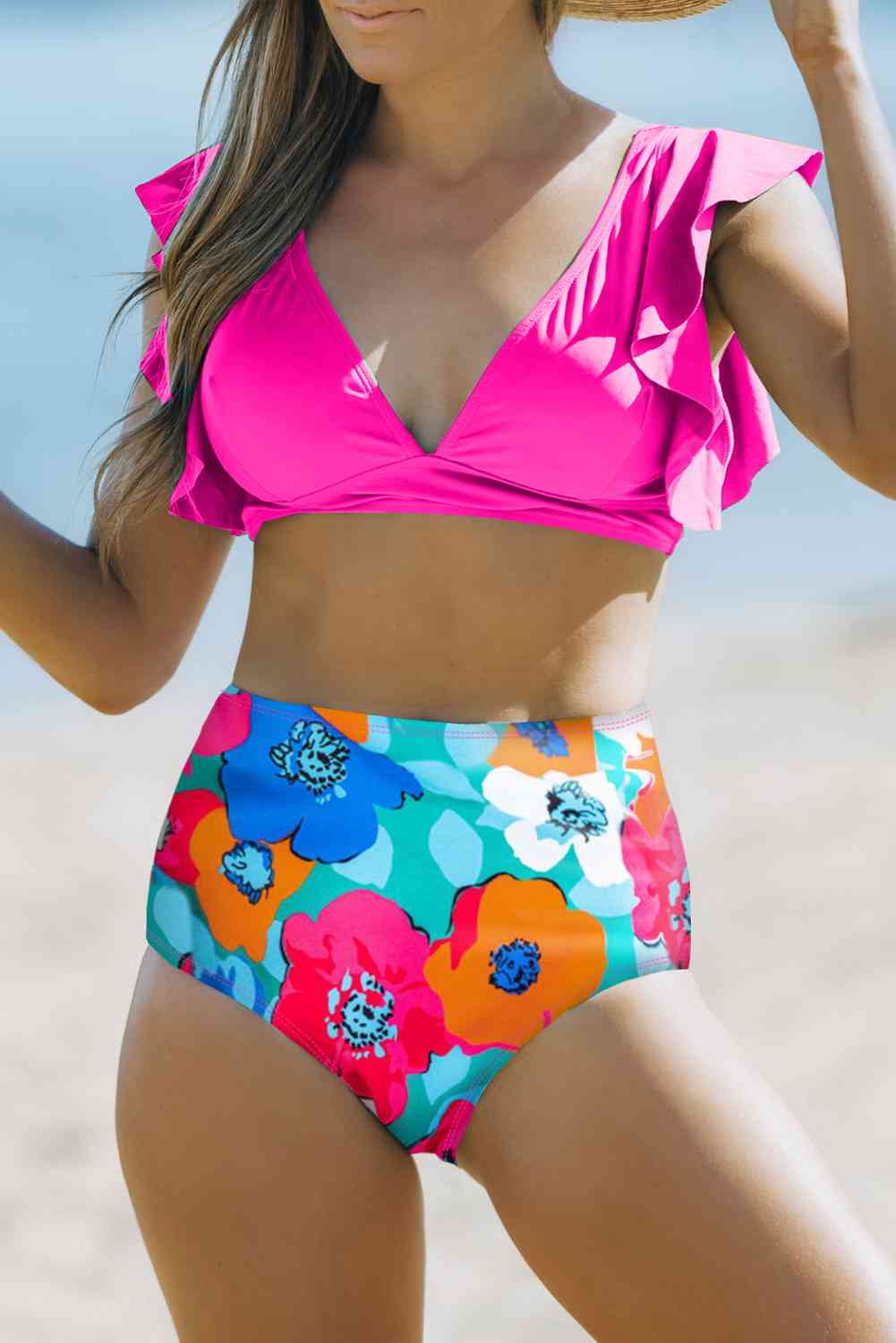 Cropped Swim Top and Floral Bottoms Set Hot Pink for a perfect OOTD – dress to impress outfits from Amexza