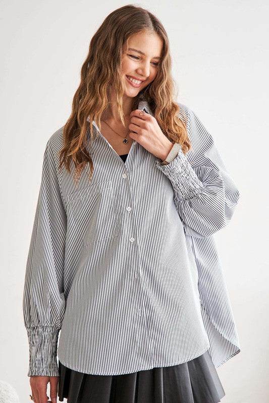 ADORA High-Low Striped Button Down Smocked Lantern Sleeve Shirt - Amexza