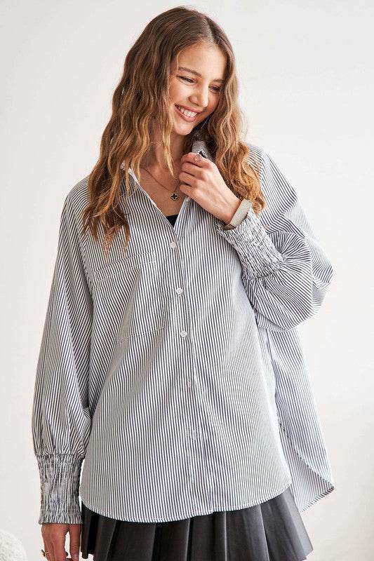 ADORA High-Low Striped Button Down Smocked Lantern Sleeve Shirt Gray for a perfect OOTD – dress to impress outfits from Amexza