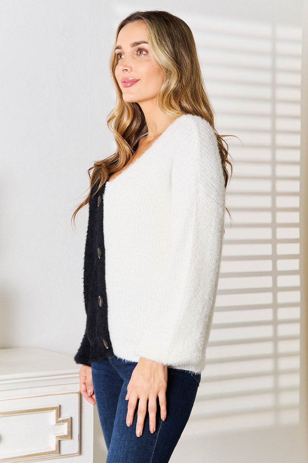 Angel Wings Woven Right Contrast Button-Front V-Neck Cardigan - Amexza