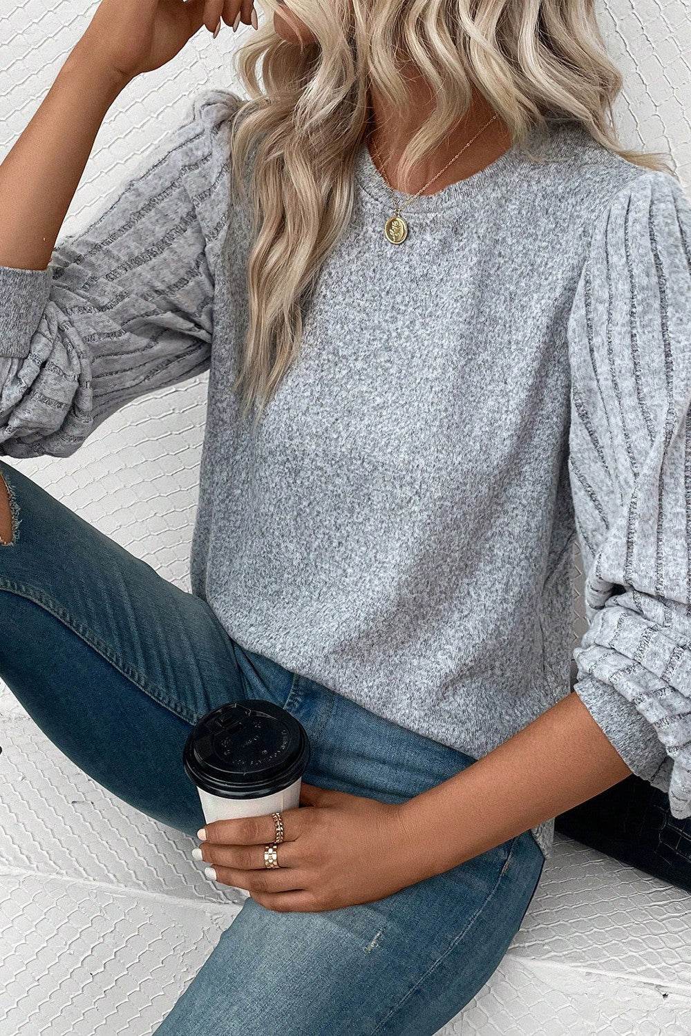 Ribbed Round Neck Long Sleeve Knit Top - Amexza
