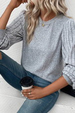 Ribbed Round Neck Long Sleeve Knit Top - Amexza
