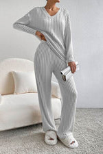 Ribbed V-Neck Top and Pants Lounge Set for a perfect OOTD – dress to impress outfits from Amexza