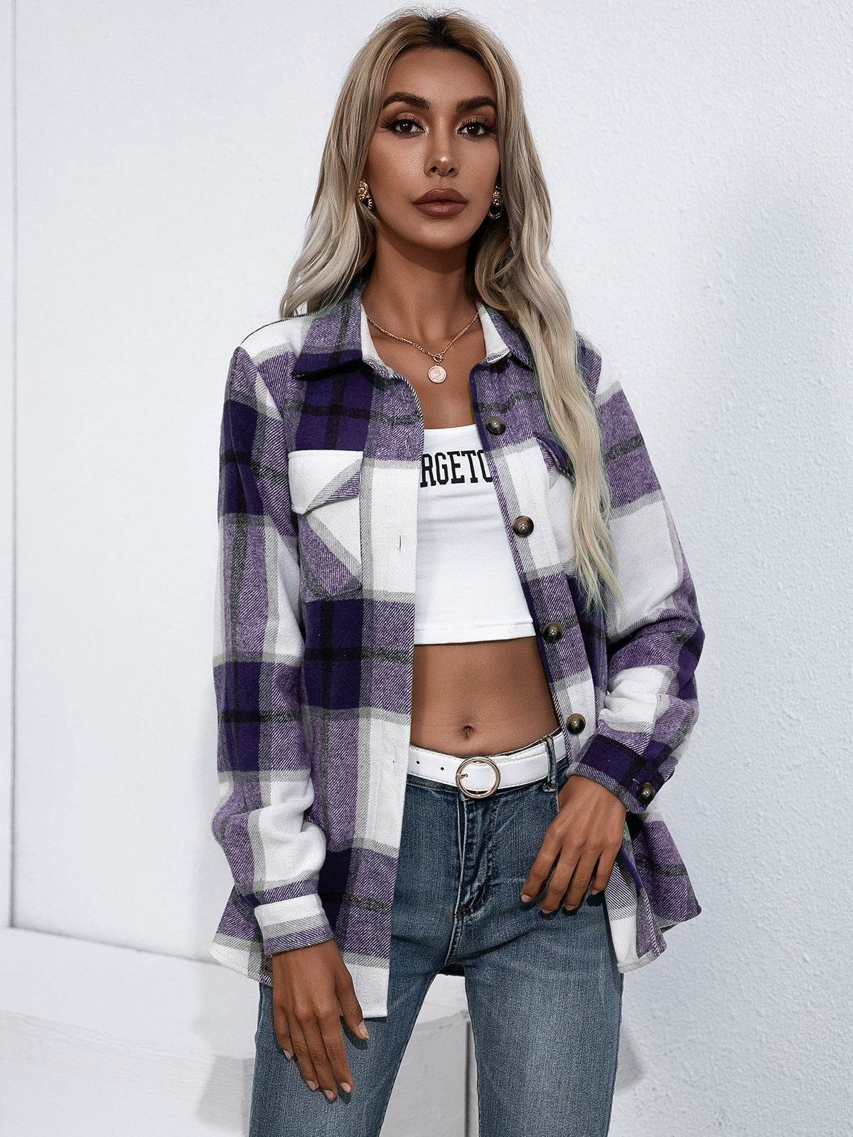 Ivy Lane Plaid Button Up Flannel Shirt Deep Purple for a perfect OOTD – dress to impress outfits from Amexza