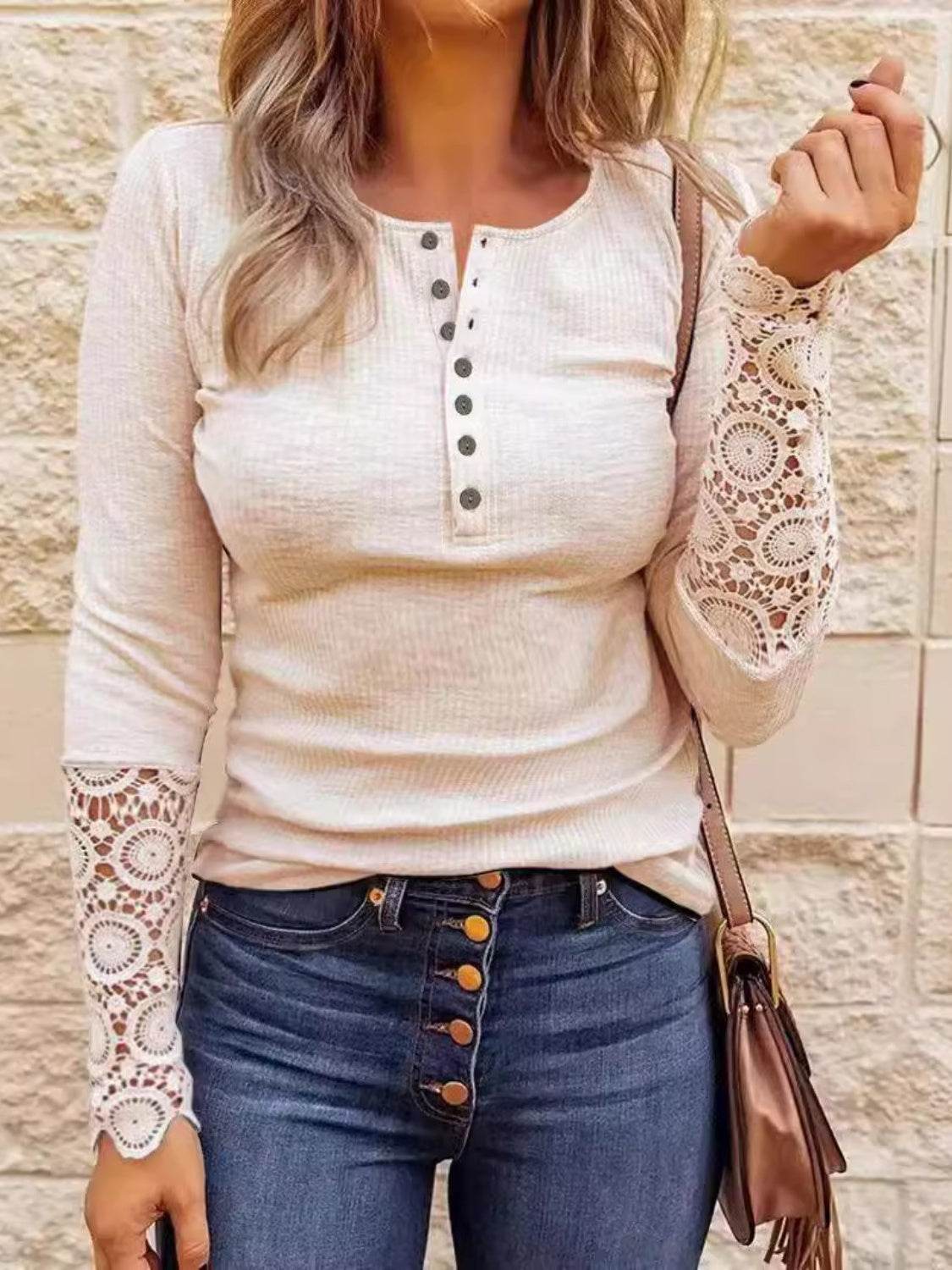 Lace Detail Half Button Round Neck Long Sleeve T-Shirt Dust Storm for a perfect OOTD – dress to impress outfits from Amexza