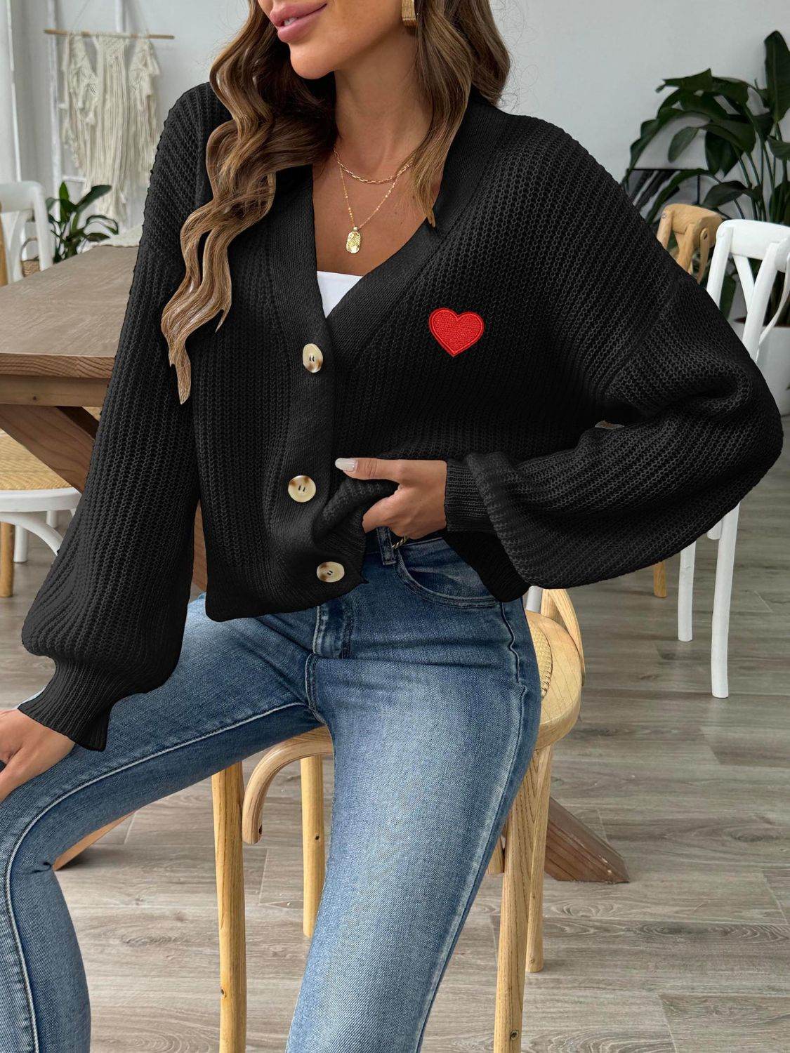 Heart Button Down V-Neck Long Sleeve Cardigan - Amexza