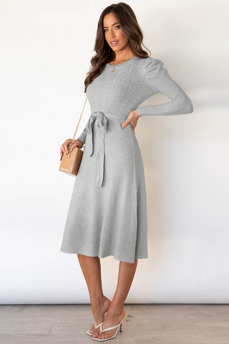 Round Neck Long Sleeve Tie Waist Sweater Dress for a perfect OOTD – dress to impress outfits from Amexza