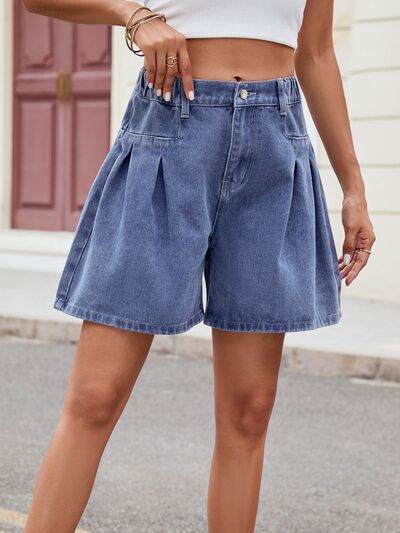 Ruched Half Elastic Waist Denim Shorts for a perfect OOTD – dress to impress outfits from Amexza