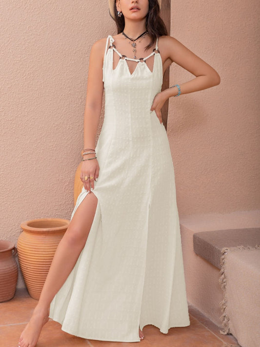 Swiss Dot Cutout Sleeveless Maxi Dress - Beige / S