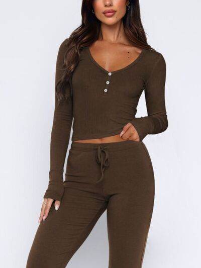 V-Neck Long Sleeve Top and Pants Set - Amexza