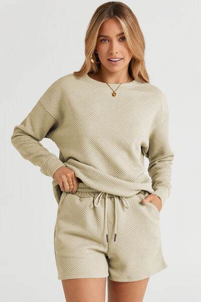 Double Take Full Size Texture Long Sleeve Top and Drawstring Shorts Set for a perfect OOTD – dress to impress outfits from Amexza