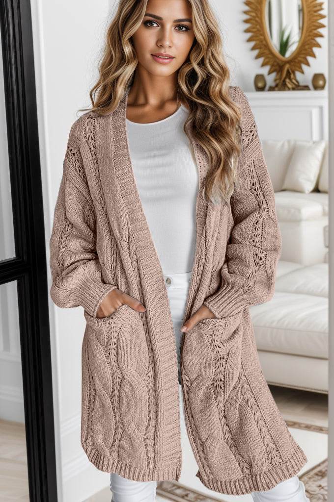 Cable-Knit Dropped Shoulder Slit Cardigan Mocha for a perfect OOTD – dress to impress outfits from Amexza