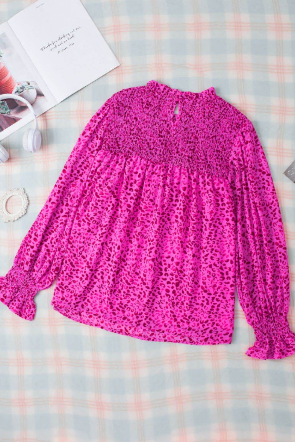 Ruched Leopard Mock Neck Long Sleeve Blouse - Amexza